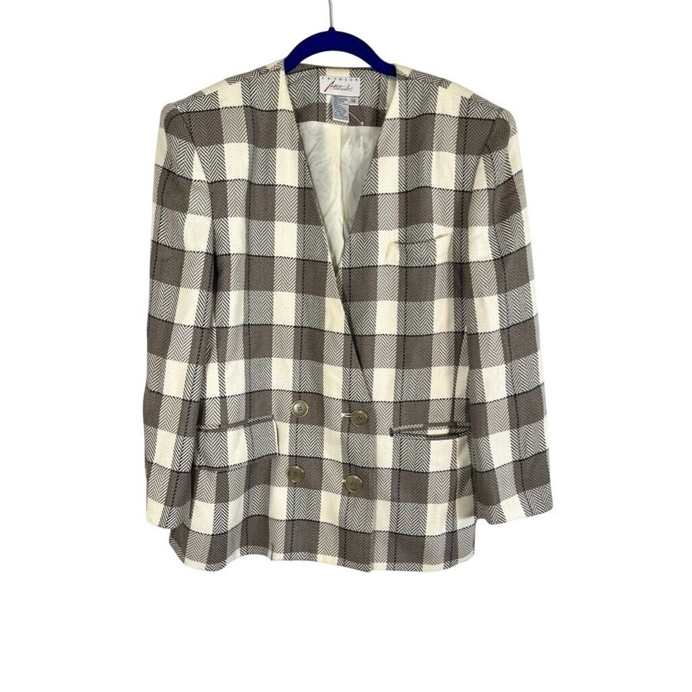 Houndstooth Neutral Plaid Blazer 14 Tan 90s Preppy Classic Academia Chic‎ Artsy